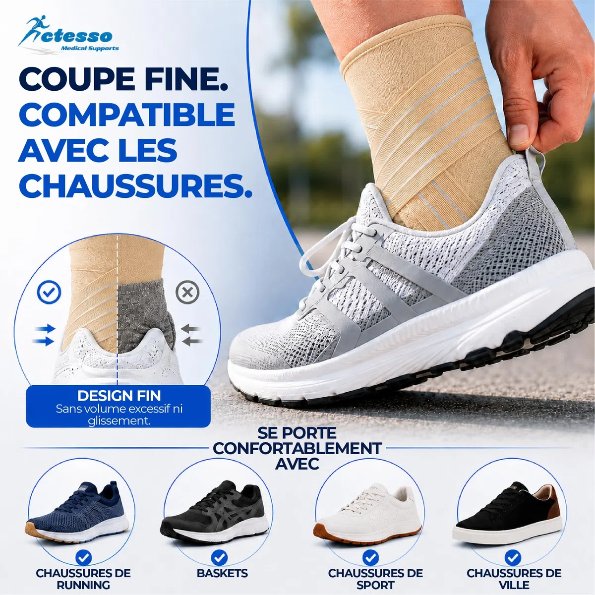 Actesso Chevillère Entorse et Maintien – Attelle Cheville avec Sangle pour Soulagement, Blessures, Prévention et Sport | Protège Cheville pour Homme et Femme | Pied Droit ou Gauche (Beige, M)