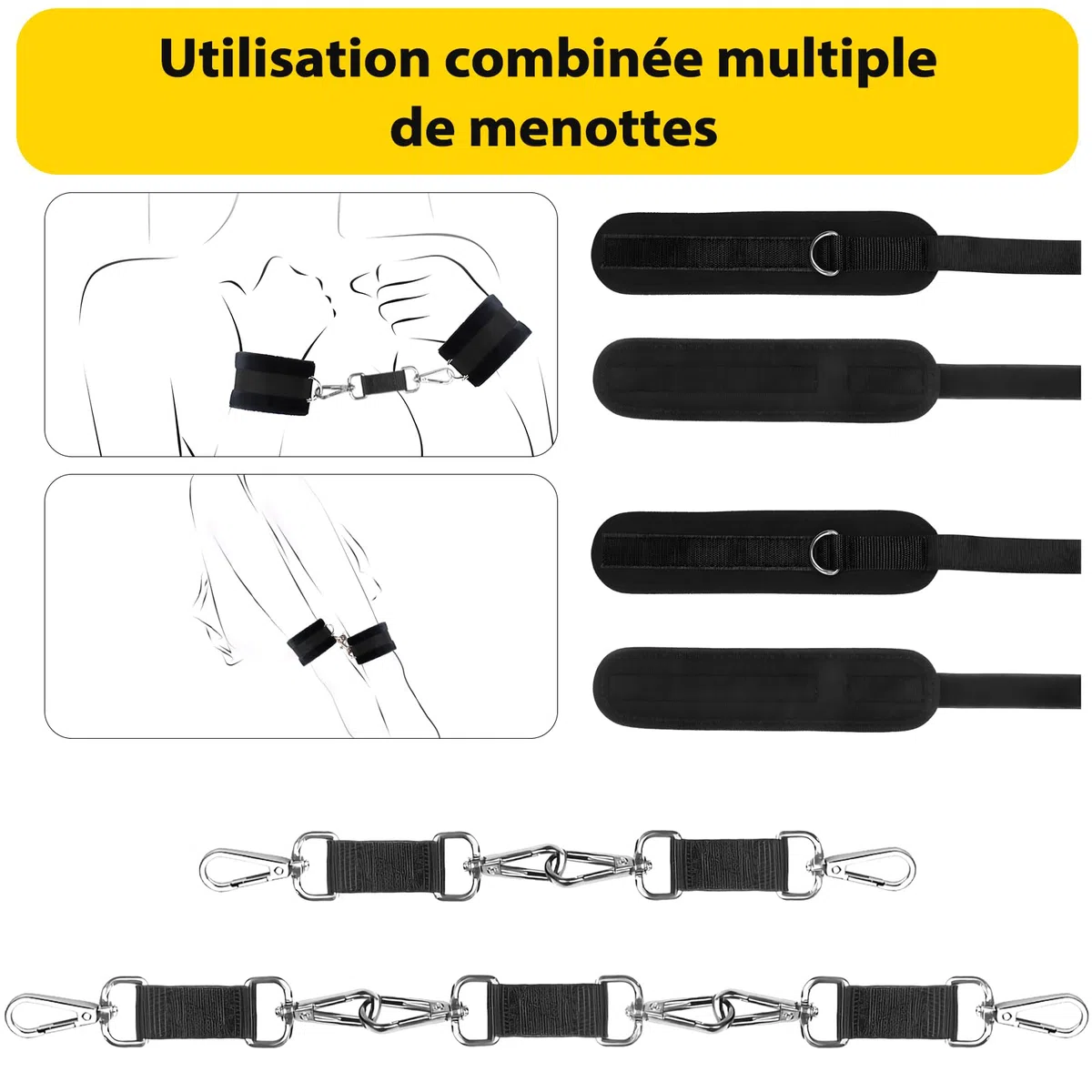 BDSM Sex Toys Divers Accessoires de Menottes du Poignet à la Cheville avec Harnais, Sexuelle Adulte Couple Équipement de Bondage Réglable,Outils avec Bandeau et Pagaie de Culture Tickler SM Games