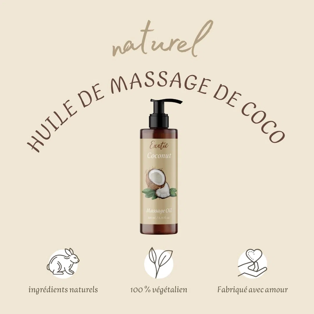 QKnatur - Huile de massage relaxante à la noix de COCO - 200ml - pour des massages corporels relaxants et revitalisants. Hydratant et nourrissant
