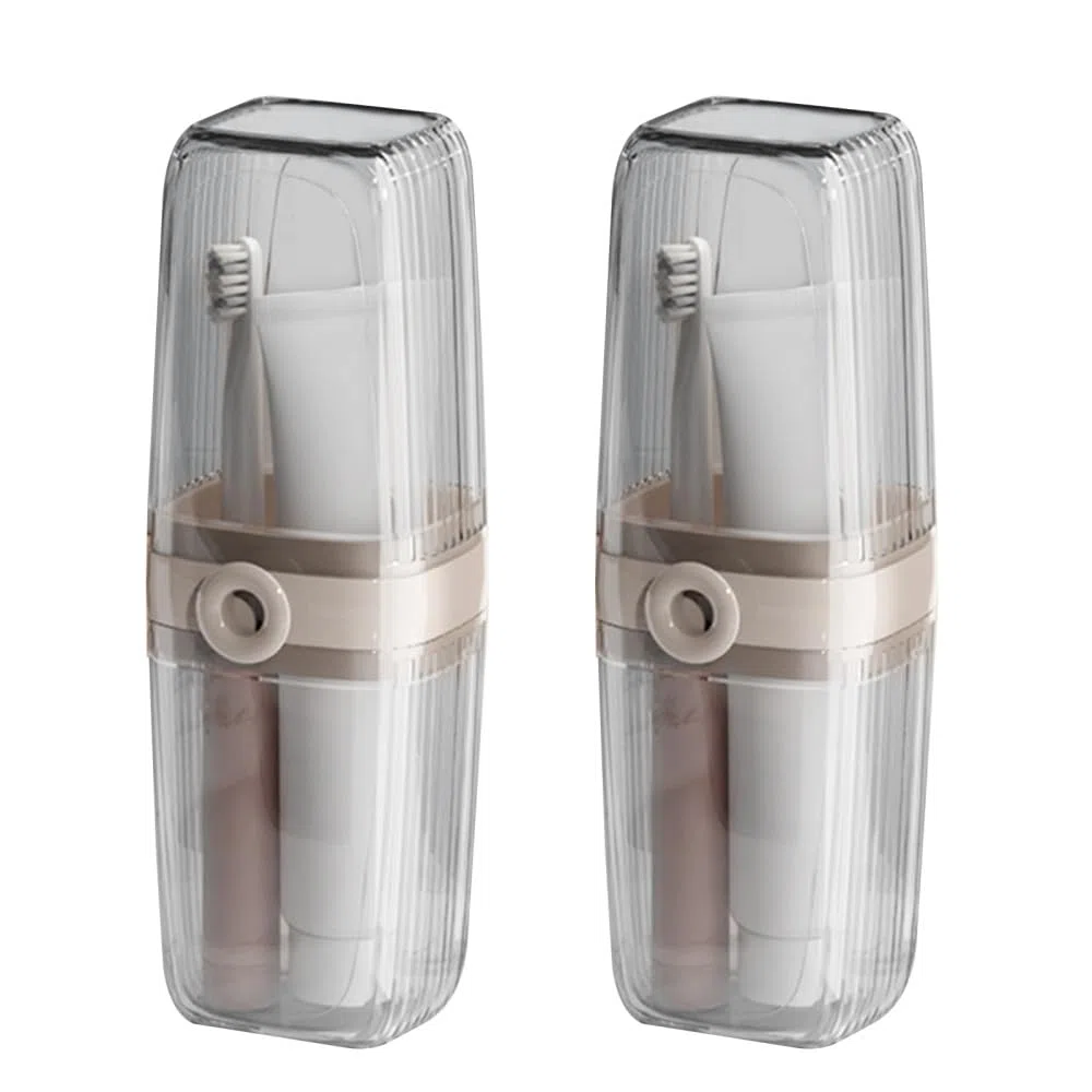 MiOYOOW 2 Pièces Tasses de Brosse à Dents Portable, 2 en 1 Boite de Rangement Dentifrice en Plastique, Gobelet Brosse Dent Translucide avec Couvercle pour Extérieur, Camping, Affaires, Maison