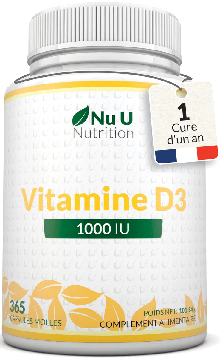 Vitamine D3 1000 UI, 365 Softgels (une année entière de réserve), Cholécalciférol haute Absorption par Nu U Nutrition