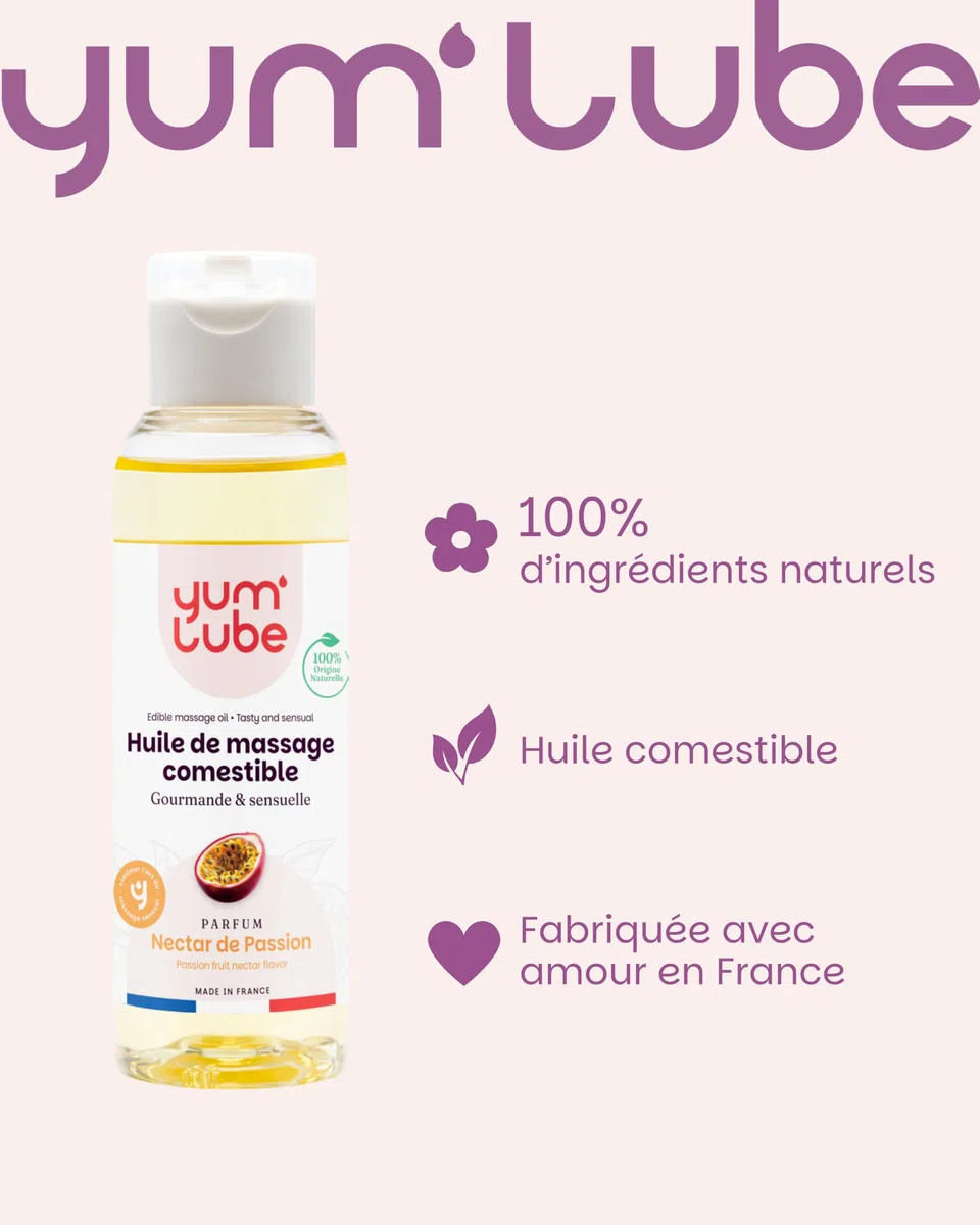 Yum'Lube | Huile de Massage Comestible Érotique Fruits de la Passion - Fabriqué en France - Huile De Massage Sexuel Couple - Massages Bien-Être - Sensuel Sexuelle & Érotiques - Huiles Relaxante & Bio