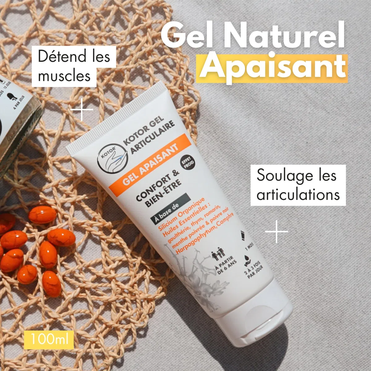 KOTOR GEL ARTICULAIRE | Soulage les Inconforts Articulaires & Musculaires | Silicium + Harpagophytum + Camphre + Gaulthérie + Thym + Romarin + Poivre Noir + Menthe Poivrée | 100ML | France