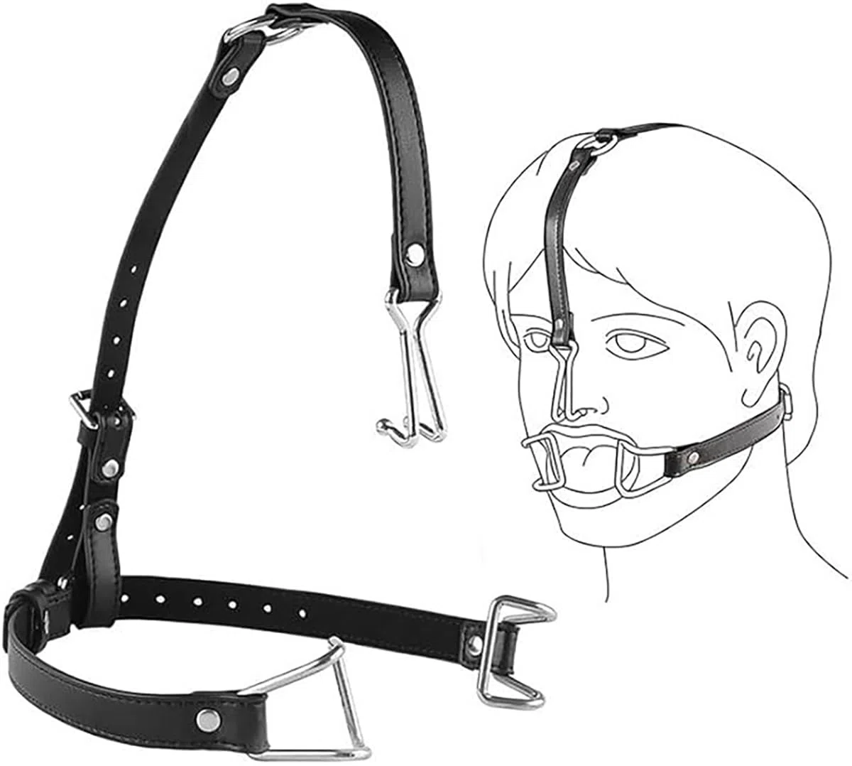 Bouche Ouverte Gag Restraint Tête en Cuir Harnais Crochet de nez avec Bouche en Métal Anneau Agrandissant Set Bondage Fétiche Bâillon en Cuir Réglable Erotique Sex Toys