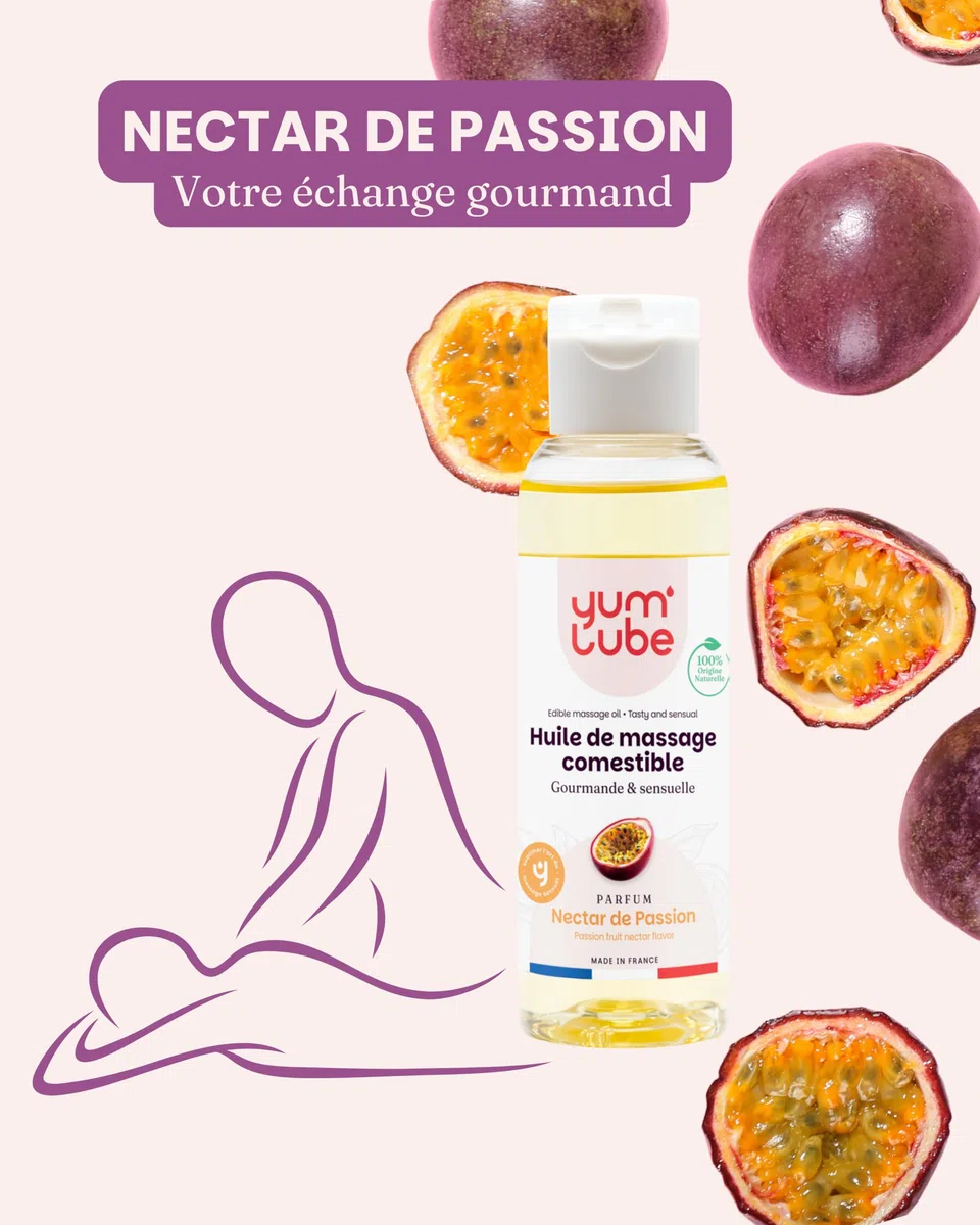 Yum'Lube | Huile de Massage Comestible Érotique Fruits de la Passion - Fabriqué en France - Huile De Massage Sexuel Couple - Massages Bien-Être - Sensuel Sexuelle & Érotiques - Huiles Relaxante & Bio