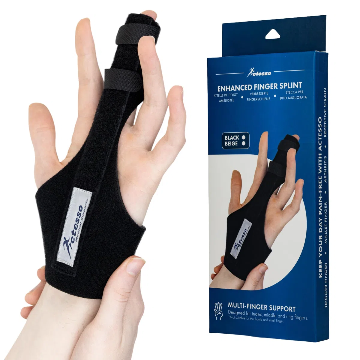 Actesso Attelle de Doigt Améliorée – Soulagement pour Majeur, Annulaire et Index – Idéal pour Doigt à Ressaut, Doigt en Maillet, Arthrite et Entorses (Taille Unique, Noir)