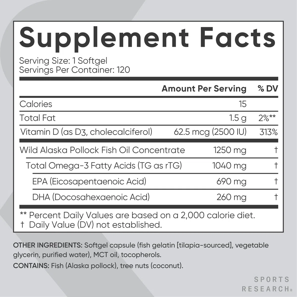 Sports Research Triple Strength Omega-3 from Wild Alaska Pollock with Vitamin D3 2500ius2-in-1 Vitamin D & Omega DHA Fish O