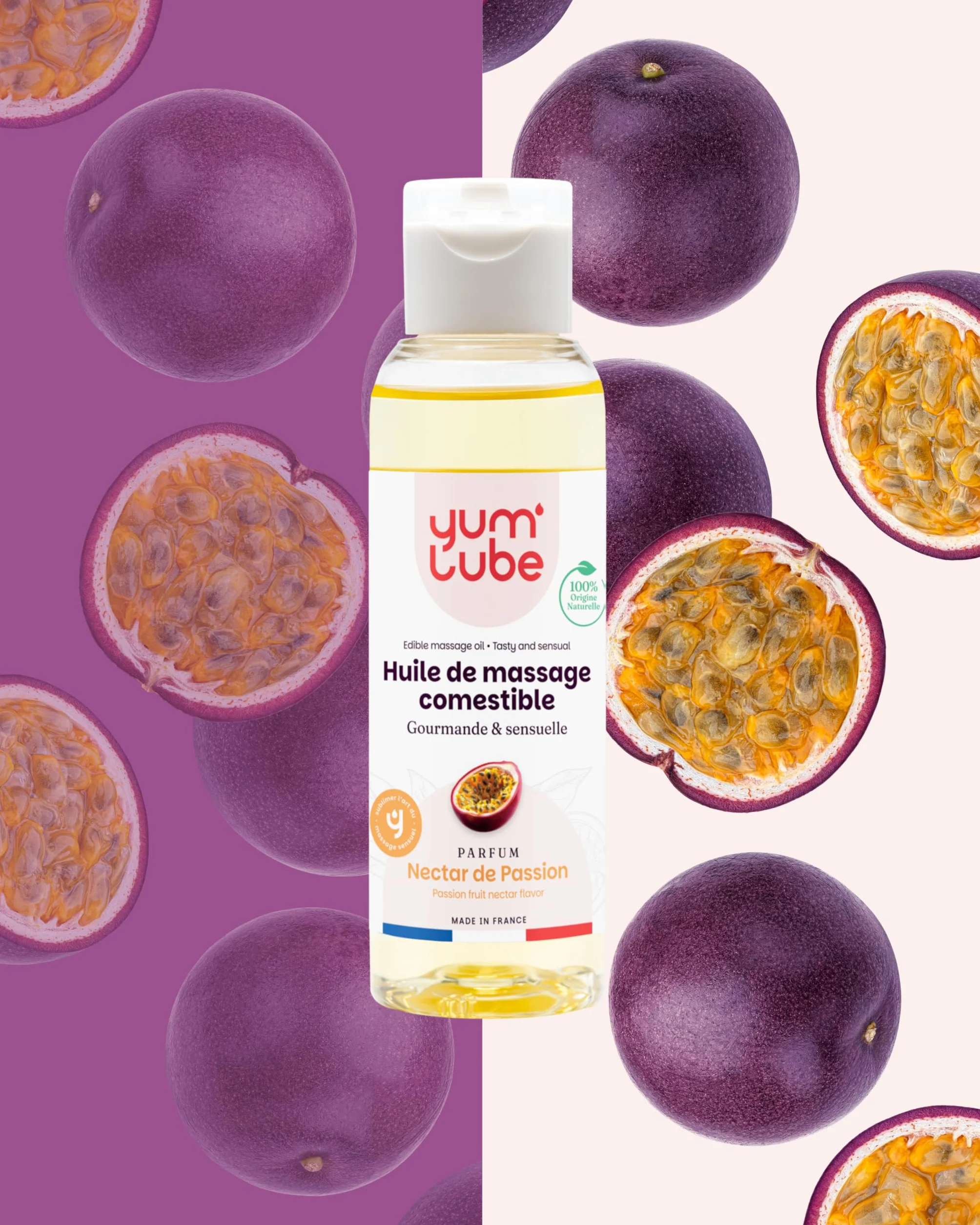 Yum'Lube | Huile de Massage Comestible Érotique Fruits de la Passion - Fabriqué en France - Huile De Massage Sexuel Couple - Massages Bien-Être - Sensuel Sexuelle & Érotiques - Huiles Relaxante & Bio