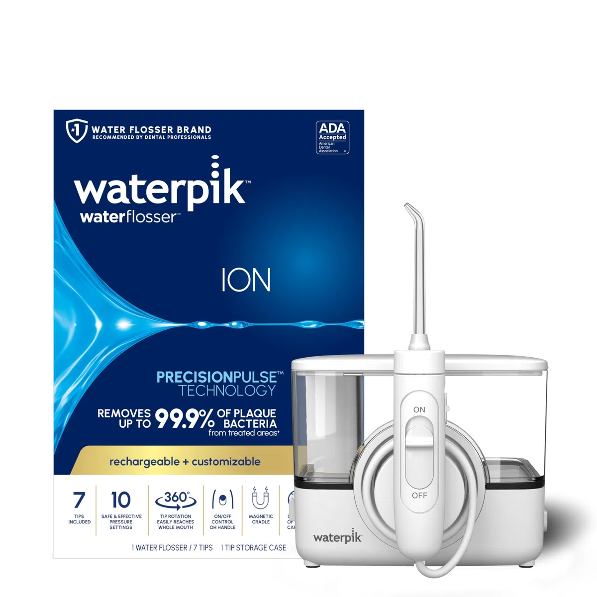 Waterpik ION Professional WF12 Hydropulseur dentaire sans fil rechargeable et portable, noir, 1 pièce (blanc)