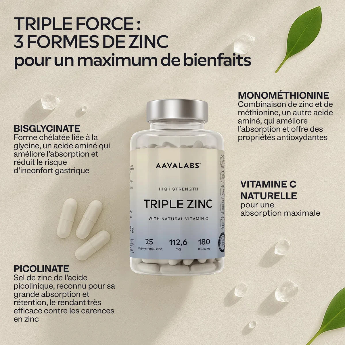 Zinc 25mg + Vitamine C - 3 Formes: Zinc Bisglycinate, Picolinate, Monomethionine Triple Zn Complement Alimentaire Haute Puissance Formule à Spectre Complet - 180 Gelules