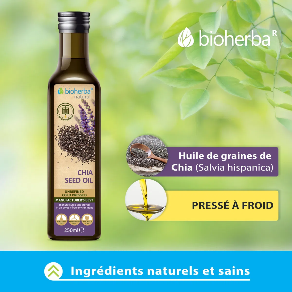 Huile de Graines de Chia – 250 ml | Pressée à Froid & Non Raffinée – Source Naturelle d’Oméga-3 – par BIOHERBA (250)