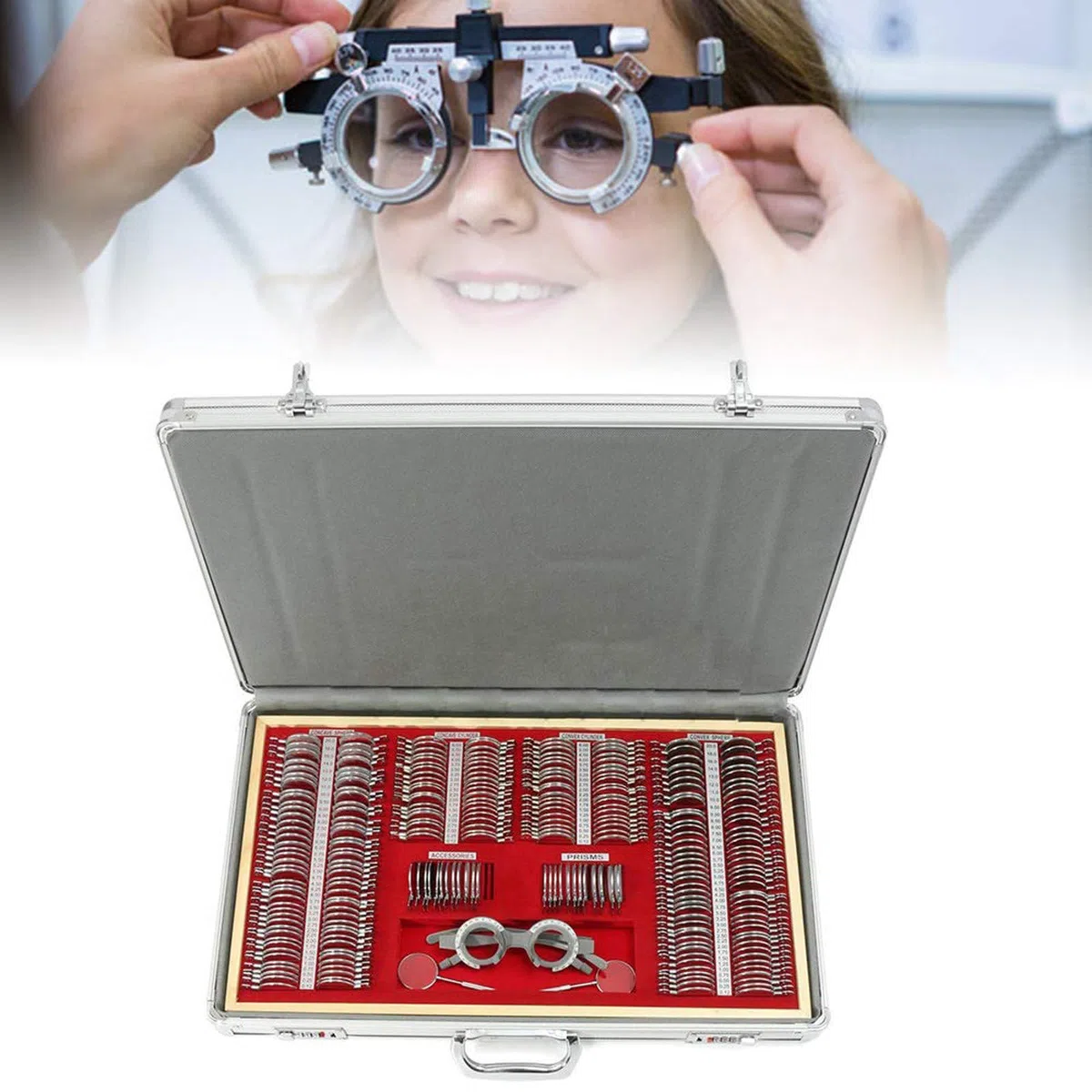 Kit de Lentilles d'Essai Optique, 266 Pièces Kit d'Optométrie, Kit d'Optométrie de Lentille Optique Précise, Kit d'Optométrie à Jante Métallique, Cadre d'Essai d'Optométrie