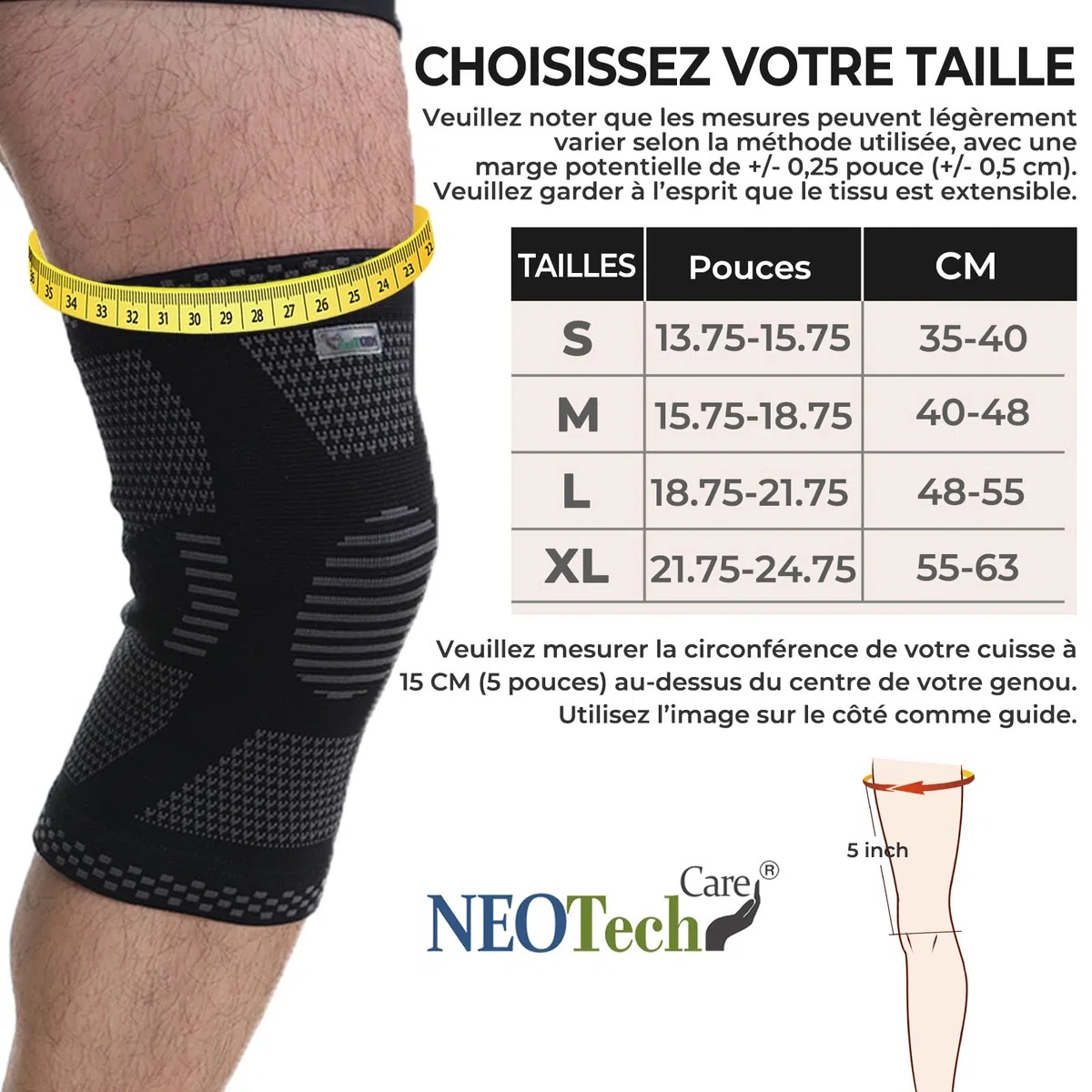 NEOtech Care Genouillère protège-genou en fibre de bambou - Élastique, respirante (Couleur noire, Taille M, 1 Unité)