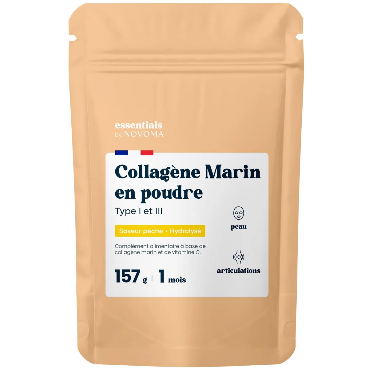 Collagene Marin Poudre 5 g + Vitamine C - Peau & Articulations - Sachet 157 g pour 1 Mois - Peptides de Collagène Hydrolysés Type 1 et 3 - Saveur Pêche - Fabriqué en France - Essentials by Novoma