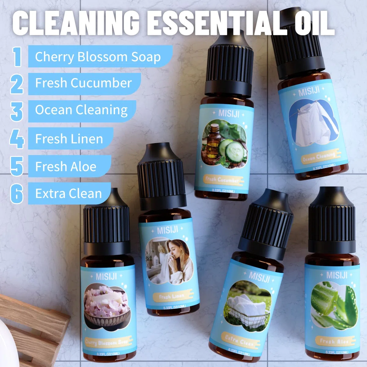 Clean Plus Huiles Essentielles, 6x10mL Huile Essentielle Diffuseurs, Humidificateurs,Nettoyage de l'océan, concombre frais, linge aloès frais, extra propre, savon à la fleur de cerisier
