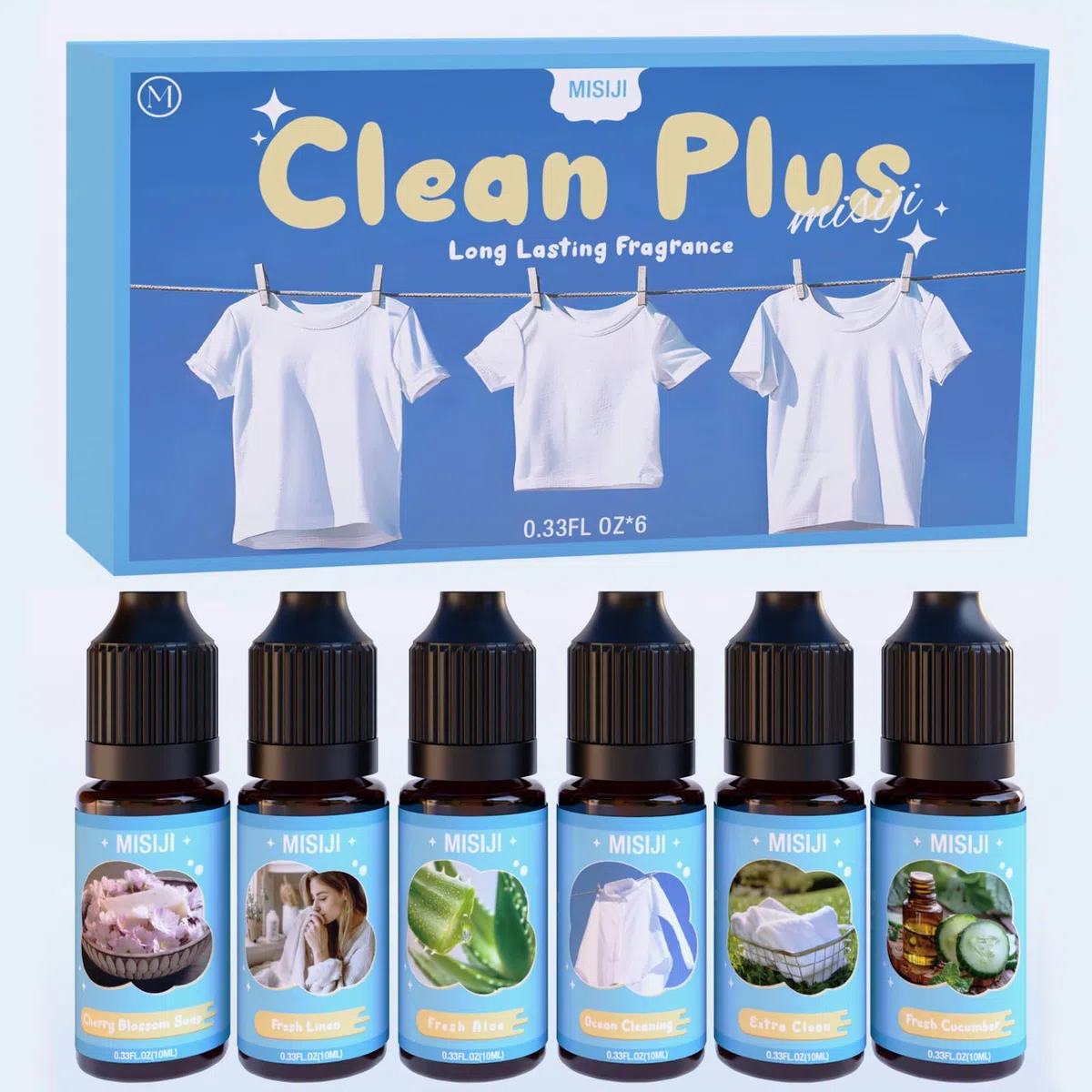 Clean Plus Huiles Essentielles, 6x10mL Huile Essentielle Diffuseurs, Humidificateurs,Nettoyage de l'océan, concombre frais, linge aloès frais, extra propre, savon à la fleur de cerisier