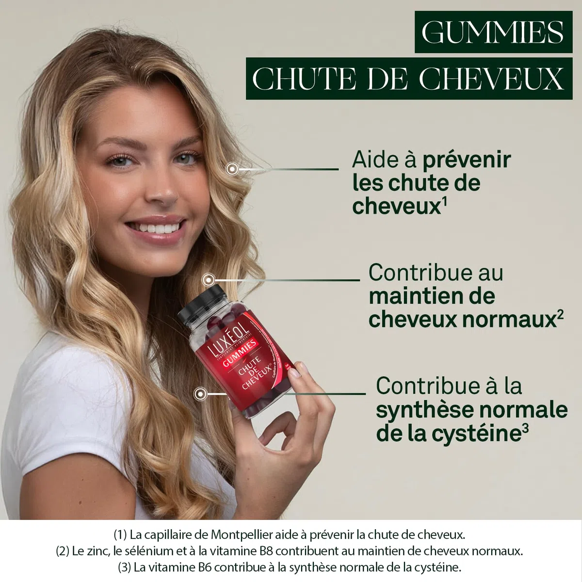 LUXÉOL - Gummies Chute Cheveux - Complément Alimentaire - Aide À Prévenir La Chute - Arômes de cassis - Sans Sucres - Fabriqué En France - Programme 1 Mois - 60 Gummies