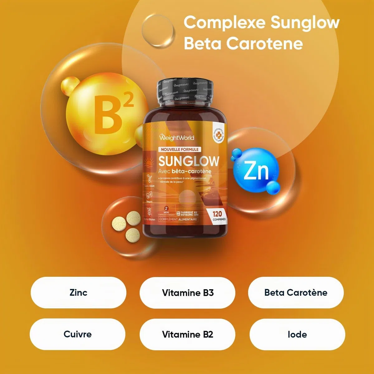 Beta Carotene Bronzage & Preparation Soleil - 120 Micro Comprimés Vegan - Complexe avec Zinc, Cuivre, Vitamine A, B2, B3 et Iode - Sunglow Preparation Bronzage