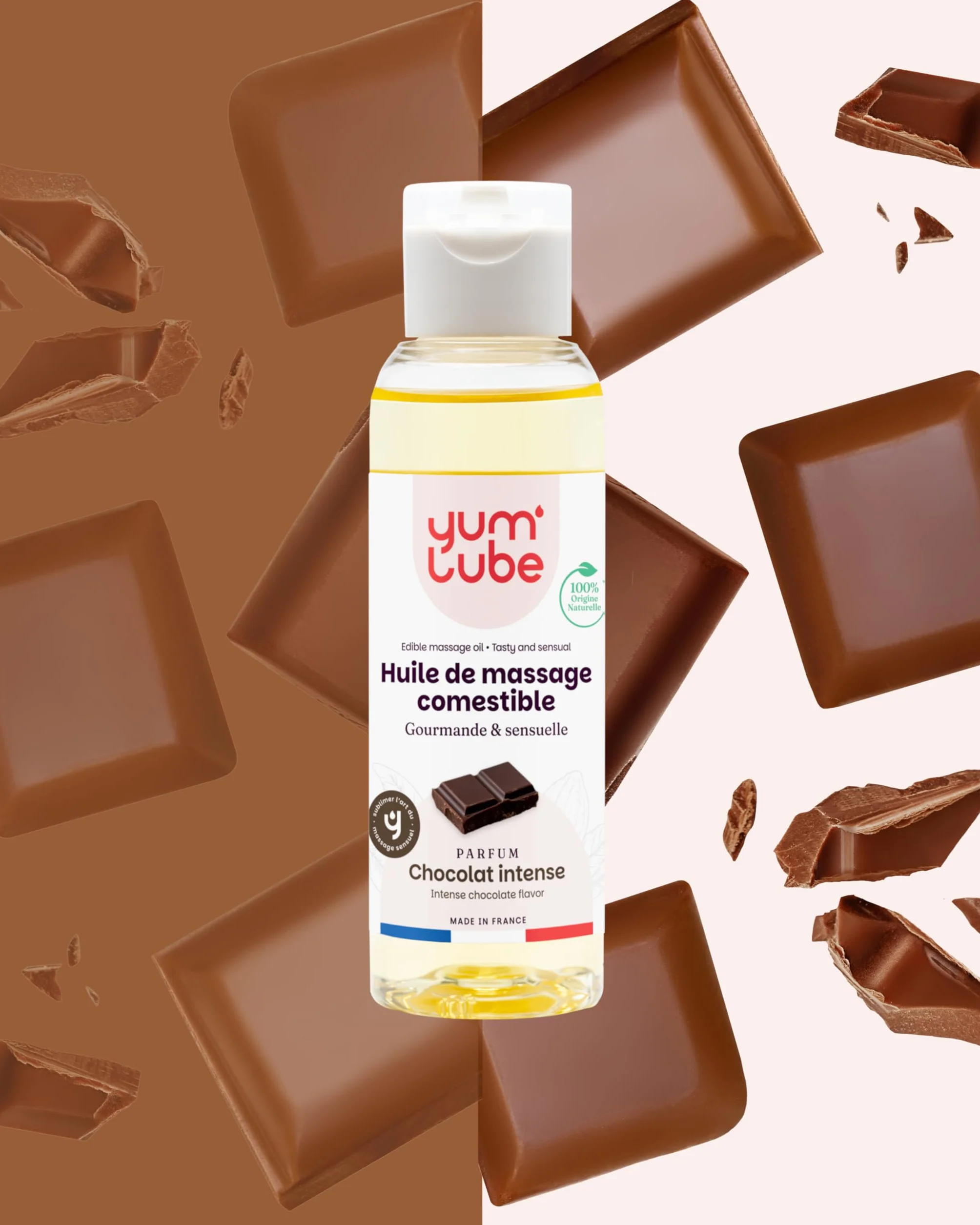 Yum'Lube | Huile de Massage Comestible Érotique Chocolat - Fabriqué en France - Huile De Massage Sexuel Couple - Massages Bien-Être - Sensuel Sexuelle & Érotiques - Huiles Relaxante & Bio - 100 ML