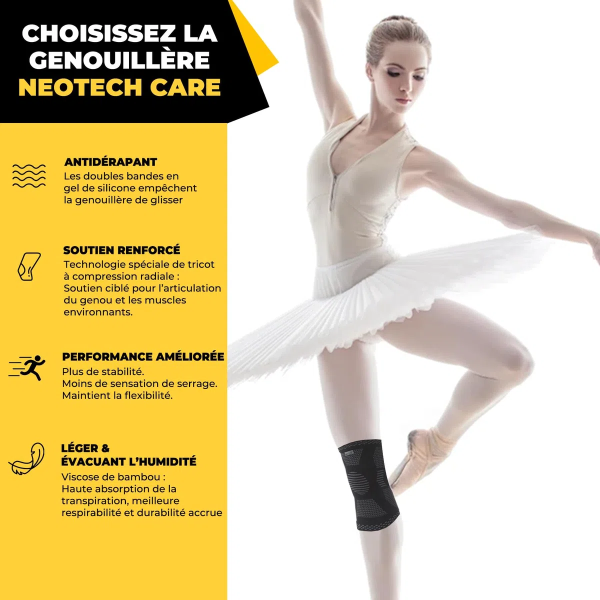 NEOtech Care Genouillère protège-genou en fibre de bambou - Élastique, respirante (Couleur noire, Taille M, 1 Unité)