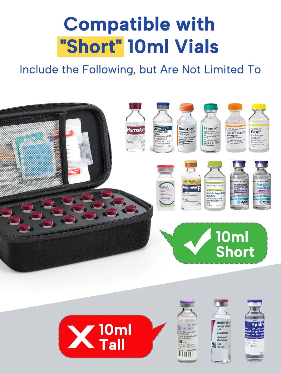 YOUSHARES Étui de Rangement pour flacons d’insuline/médicaments – 18 flacons – Convient aux GLP-1, Bac Water & peptides 10ml – Boîte Rigide avec Mousse HD – Noir