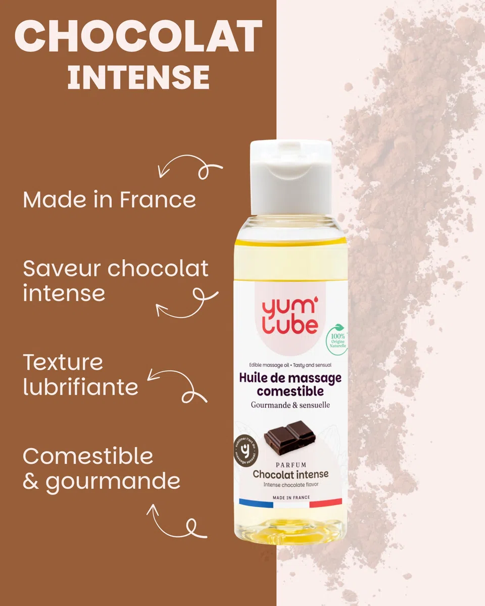 Yum'Lube | Huile de Massage Comestible Érotique Chocolat - Fabriqué en France - Huile De Massage Sexuel Couple - Massages Bien-Être - Sensuel Sexuelle & Érotiques - Huiles Relaxante & Bio - 100 ML