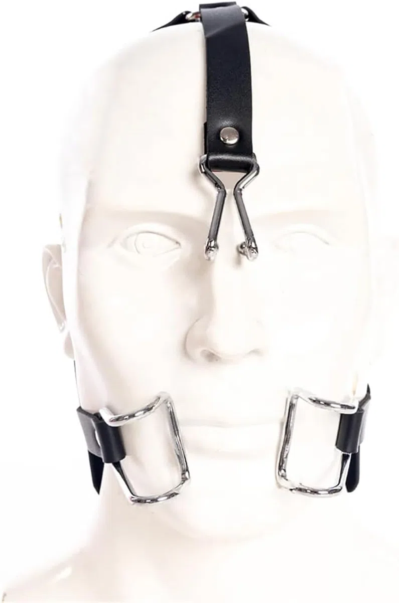 Bouche Ouverte Gag Restraint Tête en Cuir Harnais Crochet de nez avec Bouche en Métal Anneau Agrandissant Set Bondage Fétiche Bâillon en Cuir Réglable Erotique Sex Toys
