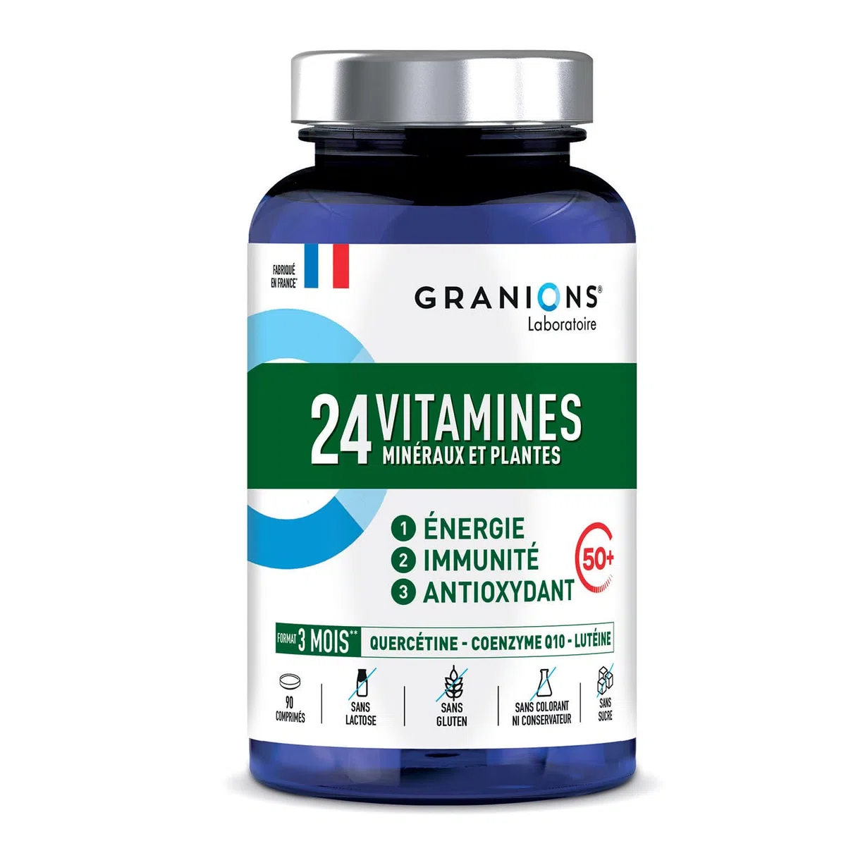 GRANIONS 24 VITAMINES - Multivitamines et Minéraux - Magnesium, Zinc, Vitamine C, Selenium, Coenzyme Q10, Luteine - Energie, Immunité - Vitamines Adultes - 90 Comprimés - 3 MOIS - Fabriqué en FRANCE