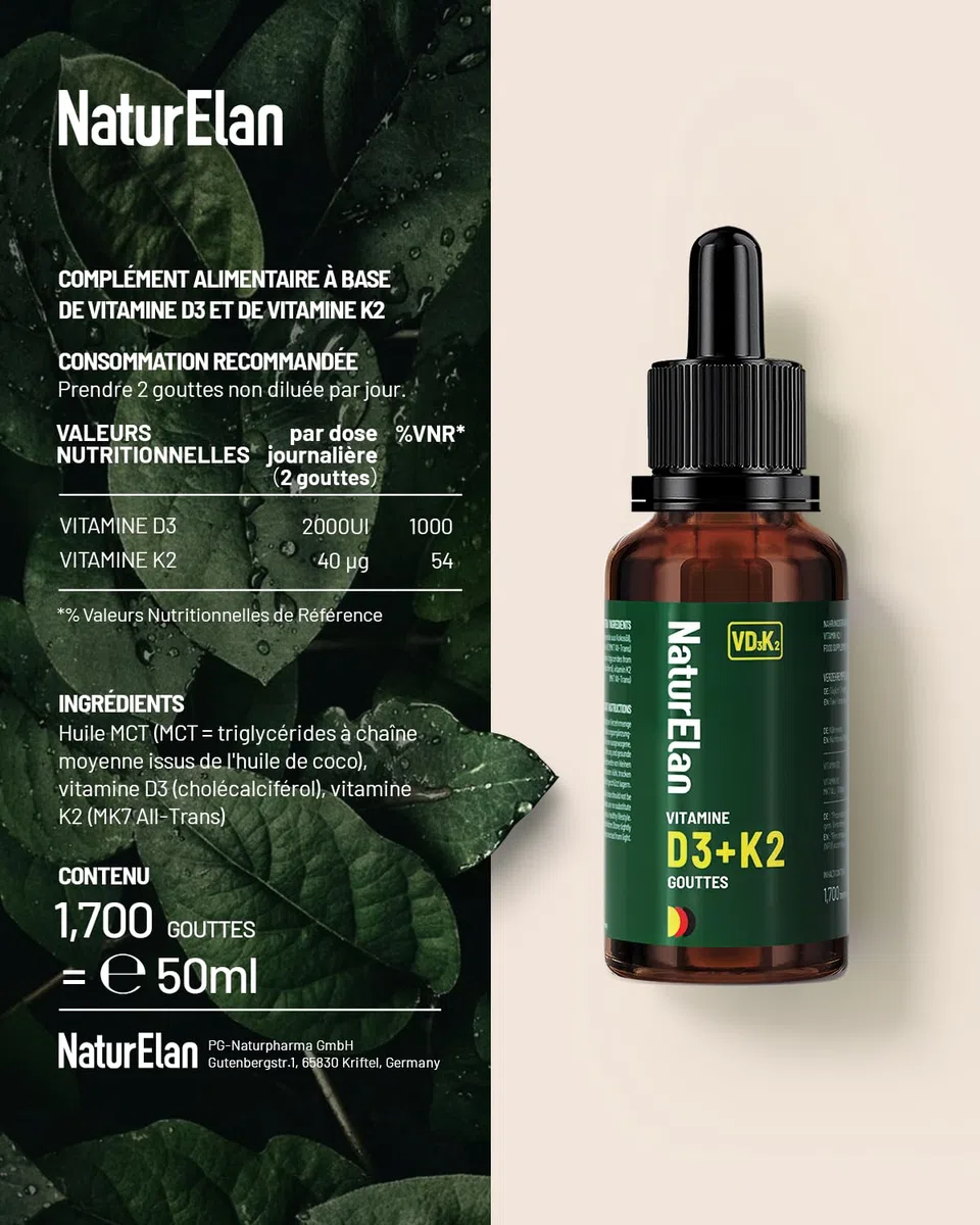 Vitamine D3 et K2-50ml, 2000 UI/j Par Dose (2 gouttes), Approvisionnement annuel, vegetarisch, sans Stéarate de Magnésium, Laborgeprüft