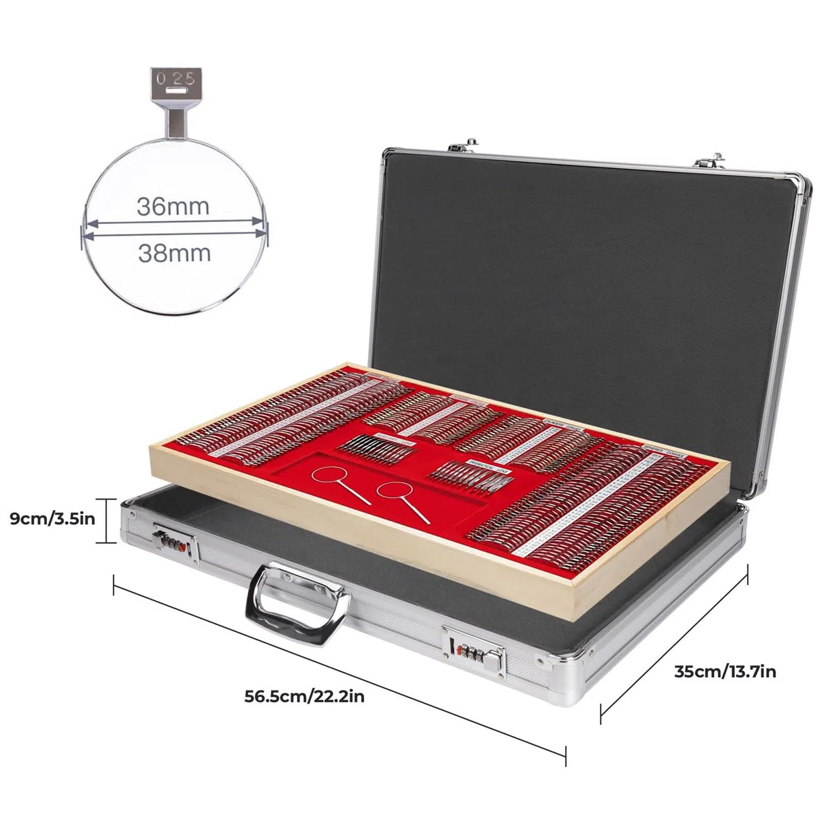Kit de lentilles d'essai optique, 266 pièces kit d'optométrie, kit d'optométrie de lentille optique précise, kit d'optométrie à jante métallique avec cadre d'essai gratuit, cadre d'essai d'optométrie