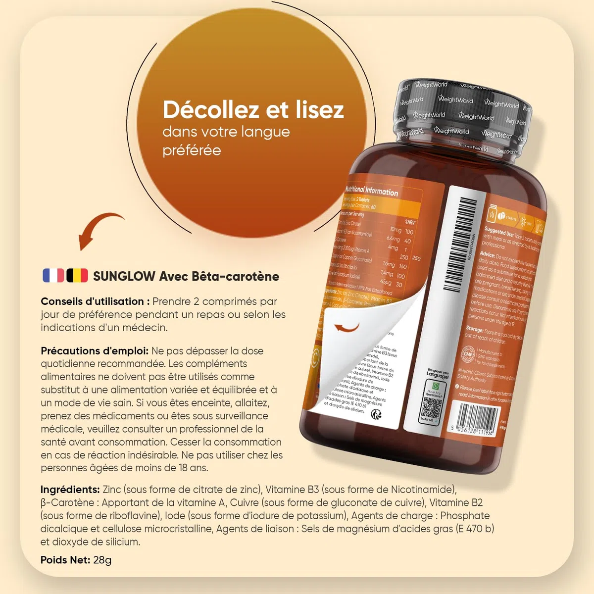 Beta Carotene Bronzage & Preparation Soleil - 120 Micro Comprimés Vegan - Complexe avec Zinc, Cuivre, Vitamine A, B2, B3 et Iode - Sunglow Preparation Bronzage