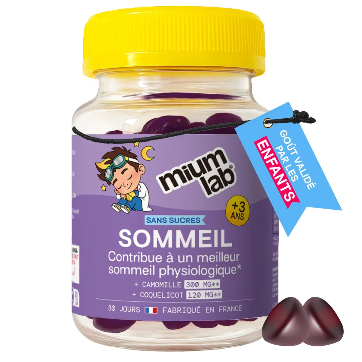 MIUMLAB - Gummies Sommeil Enfant – Camomille & Coquelicot + Tryptophane & Vitamine B6 – Sommeil et Relaxation - Sans accoutumance – Goût Fraise – Dès 3 ans – 30 Jours - Fabriqué en France