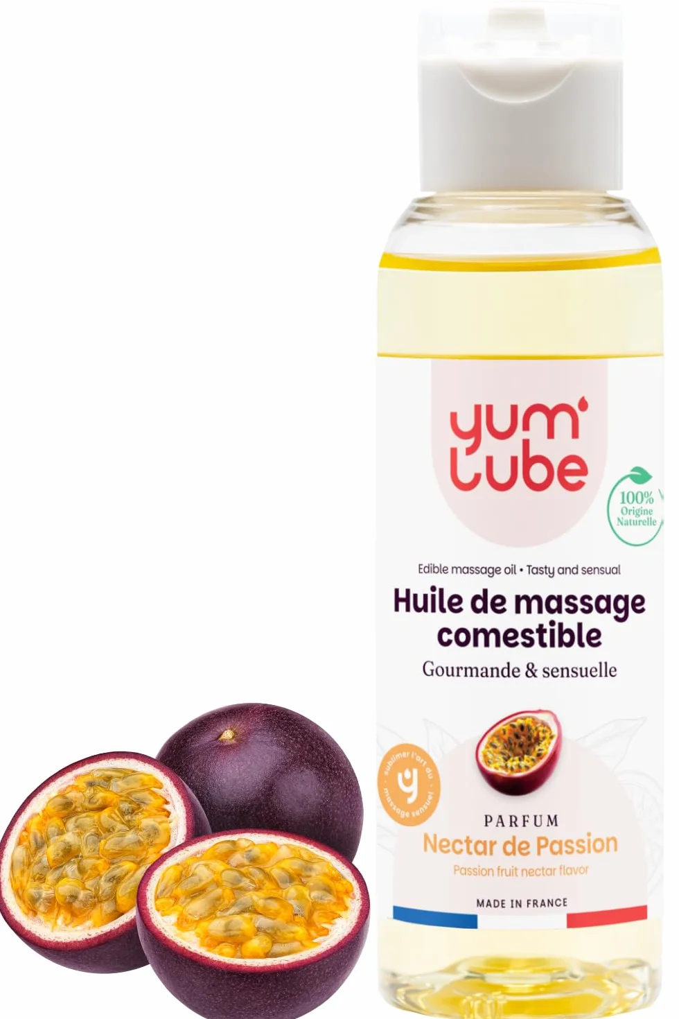 Yum'Lube | Huile de Massage Comestible Érotique Fruits de la Passion - Fabriqué en France - Huile De Massage Sexuel Couple - Massages Bien-Être - Sensuel Sexuelle & Érotiques - Huiles Relaxante & Bio