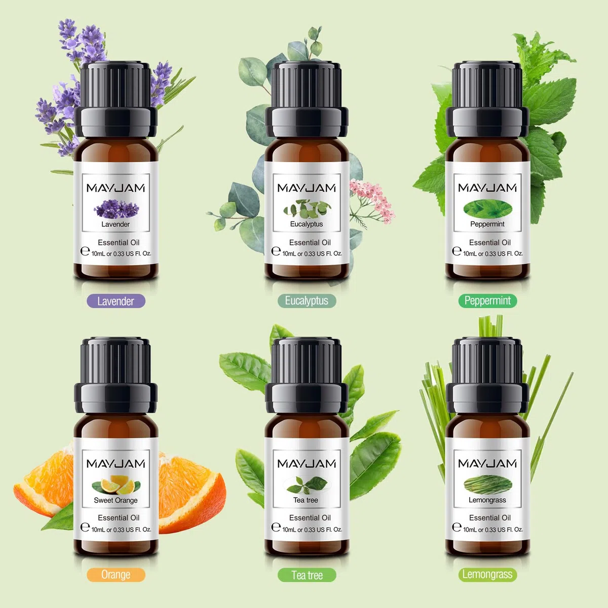 MAYJAM Kit Huile Essentielle Pure Naturelle 6 x 10ml, Coffret Huiles Essentielles pour Diffuseur, Huile Parfumée Eucalyptus, Menthe Poivrée, Lavande, Tee Tree, Citronnelle, Orange