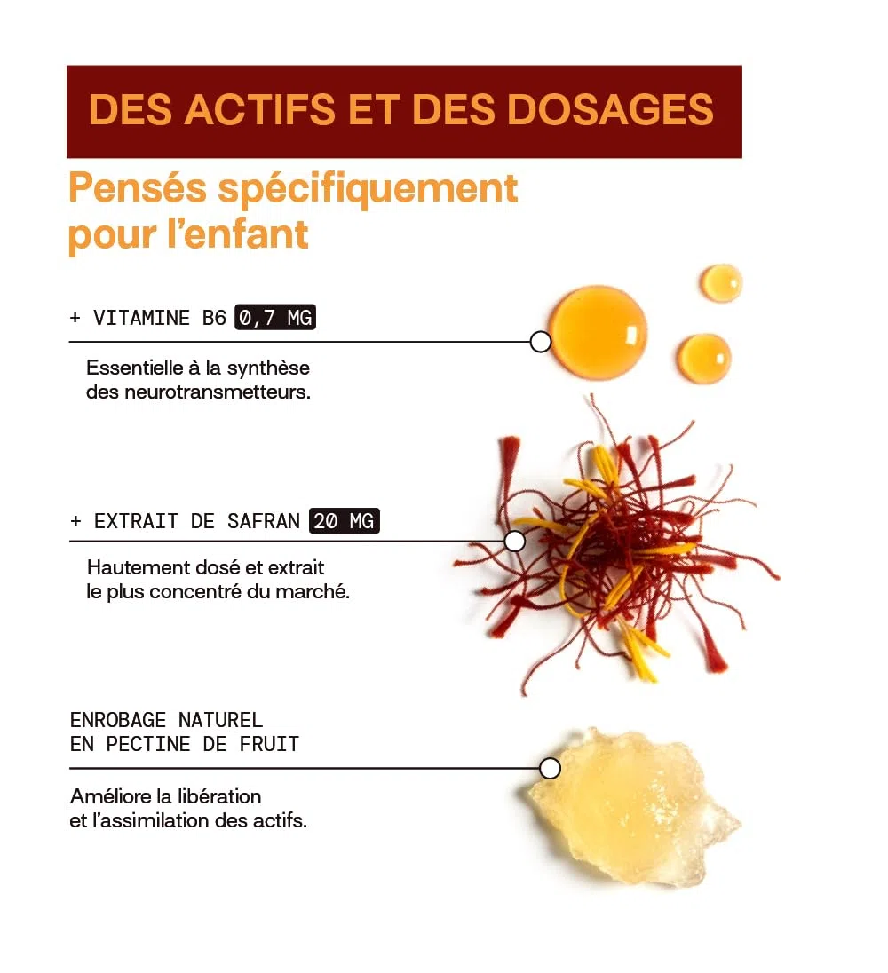 MIUMLAB - Gummies Safran Enfant Vitamine B6 – Équilibre Émotionnel & Concentration – Aide à Gérer Émotions & Agitation – Complément Alimentaire Enfant Sans Sucres – Goût Fraise validé Enfants – Dès 3