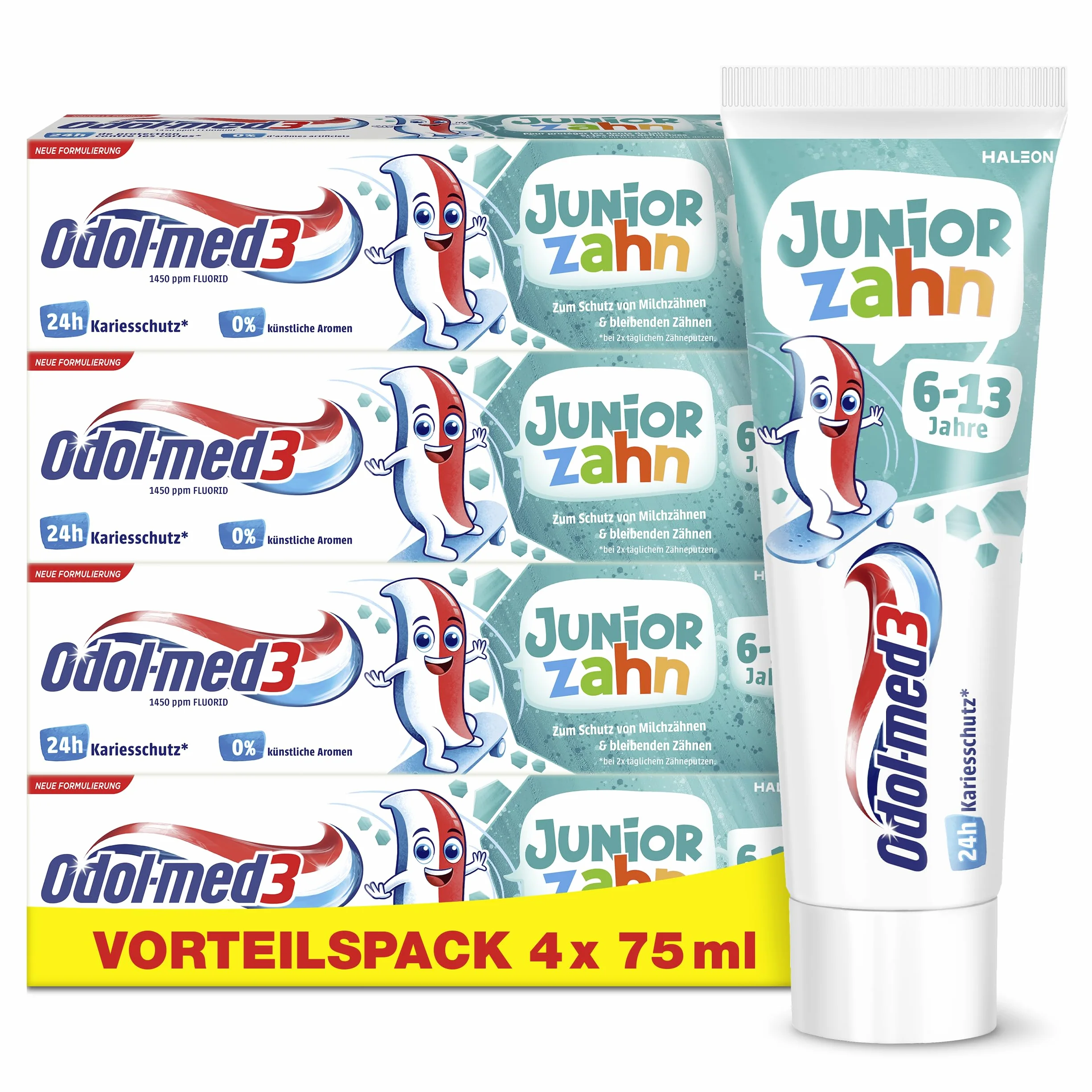 Odol-med3 Lot de 4 dentifrices dentifrice junior pour enfants à partir de 6 ans pour protéger les dents de lait et les dents permanentes, 4 x 75 ml