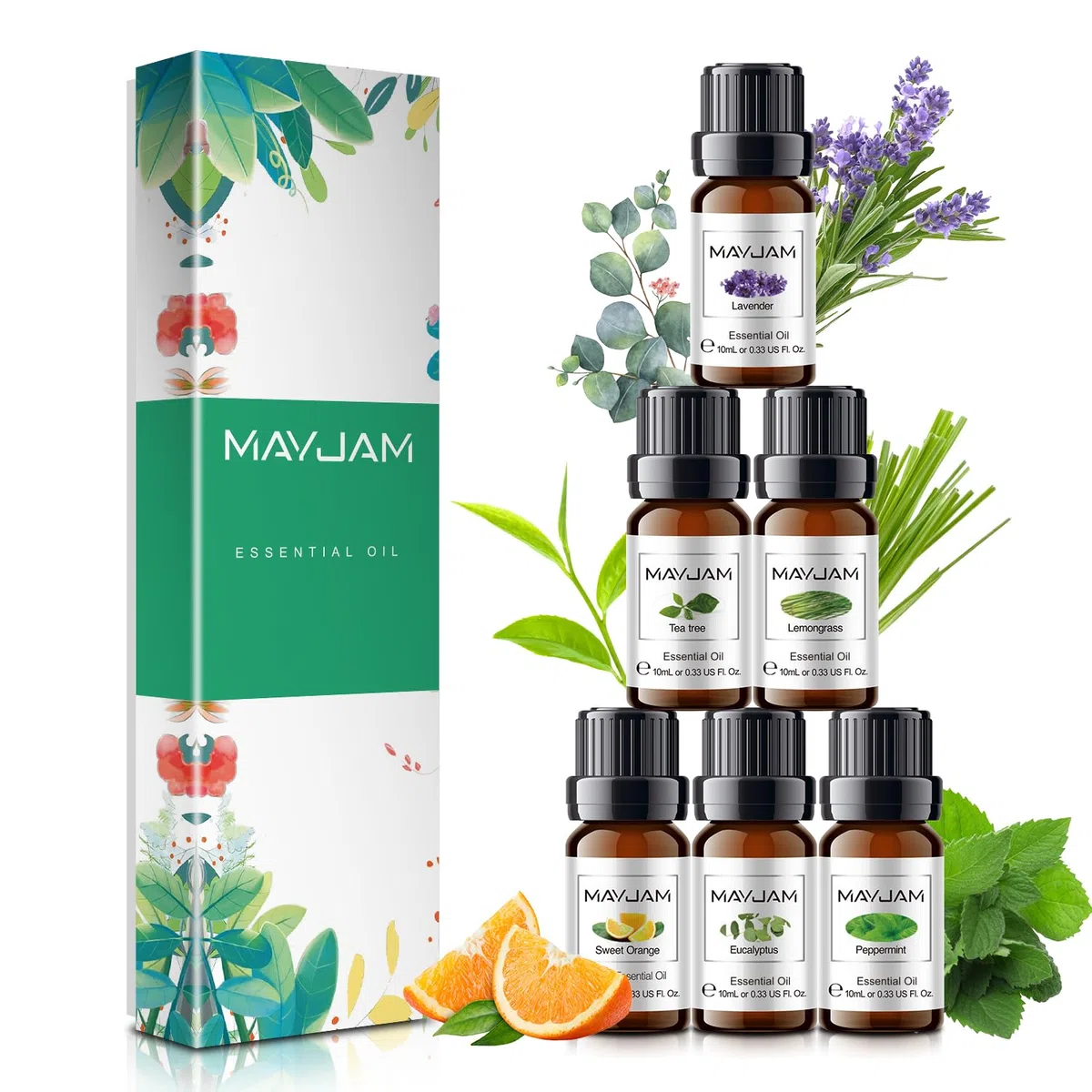 MAYJAM Kit Huile Essentielle Pure Naturelle 6 x 10ml, Coffret Huiles Essentielles pour Diffuseur, Huile Parfumée Eucalyptus, Menthe Poivrée, Lavande, Tee Tree, Citronnelle, Orange