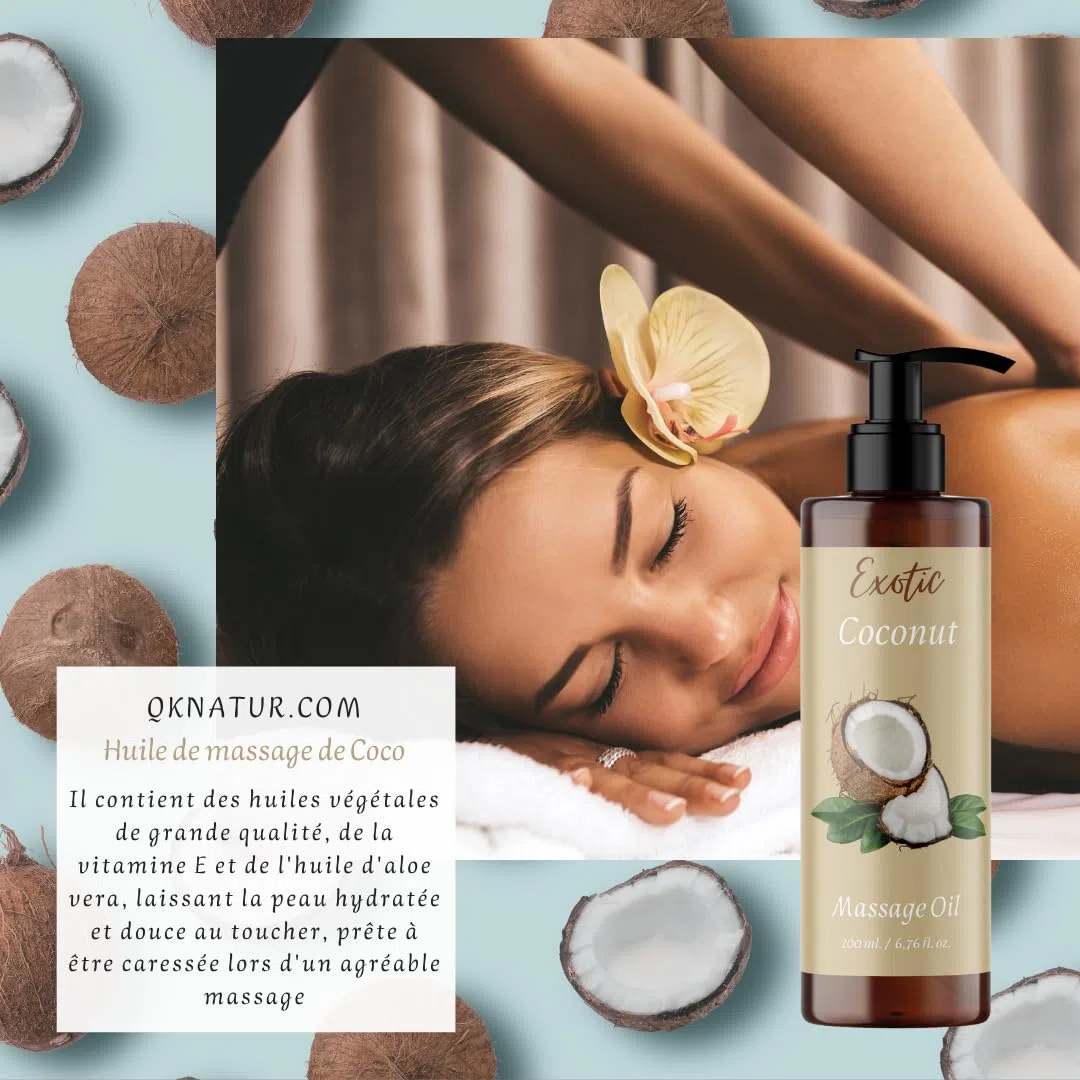 QKnatur - Huile de massage relaxante à la noix de COCO - 200ml - pour des massages corporels relaxants et revitalisants. Hydratant et nourrissant