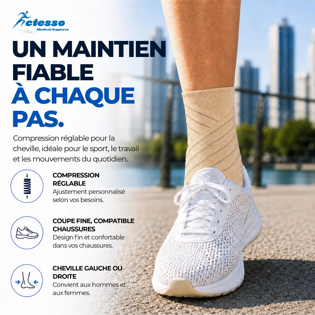 Actesso Chevillère Entorse et Maintien – Attelle Cheville avec Sangle pour Soulagement, Blessures, Prévention et Sport | Protège Cheville pour Homme et Femme | Pied Droit ou Gauche (Beige, M)