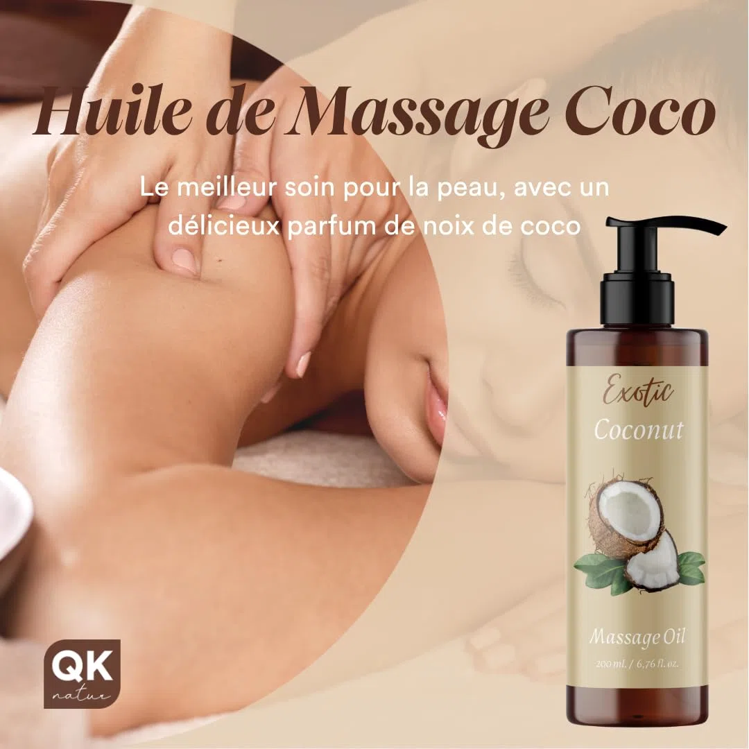 QKnatur - Huile de massage relaxante à la noix de COCO - 200ml - pour des massages corporels relaxants et revitalisants. Hydratant et nourrissant