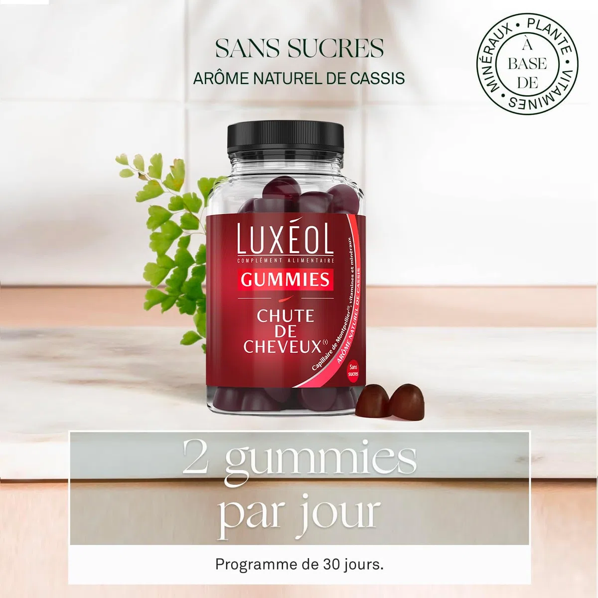 LUXÉOL - Gummies Chute Cheveux - Complément Alimentaire - Aide À Prévenir La Chute - Arômes de cassis - Sans Sucres - Fabriqué En France - Programme 1 Mois - 60 Gummies