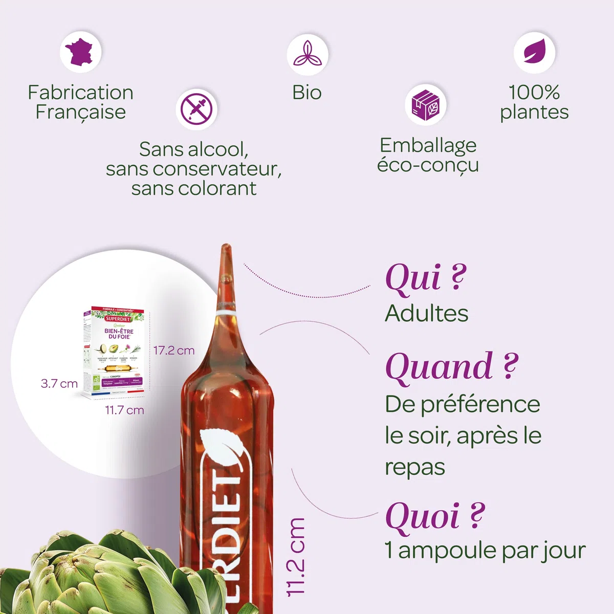 SUPERDIET – QUATUOR BIEN-ÊTRE DU FOIE BIO – Radis Noir Artichaut Chardon Marie Romarin – Fabrication française – 20 ampoules de 10 ml