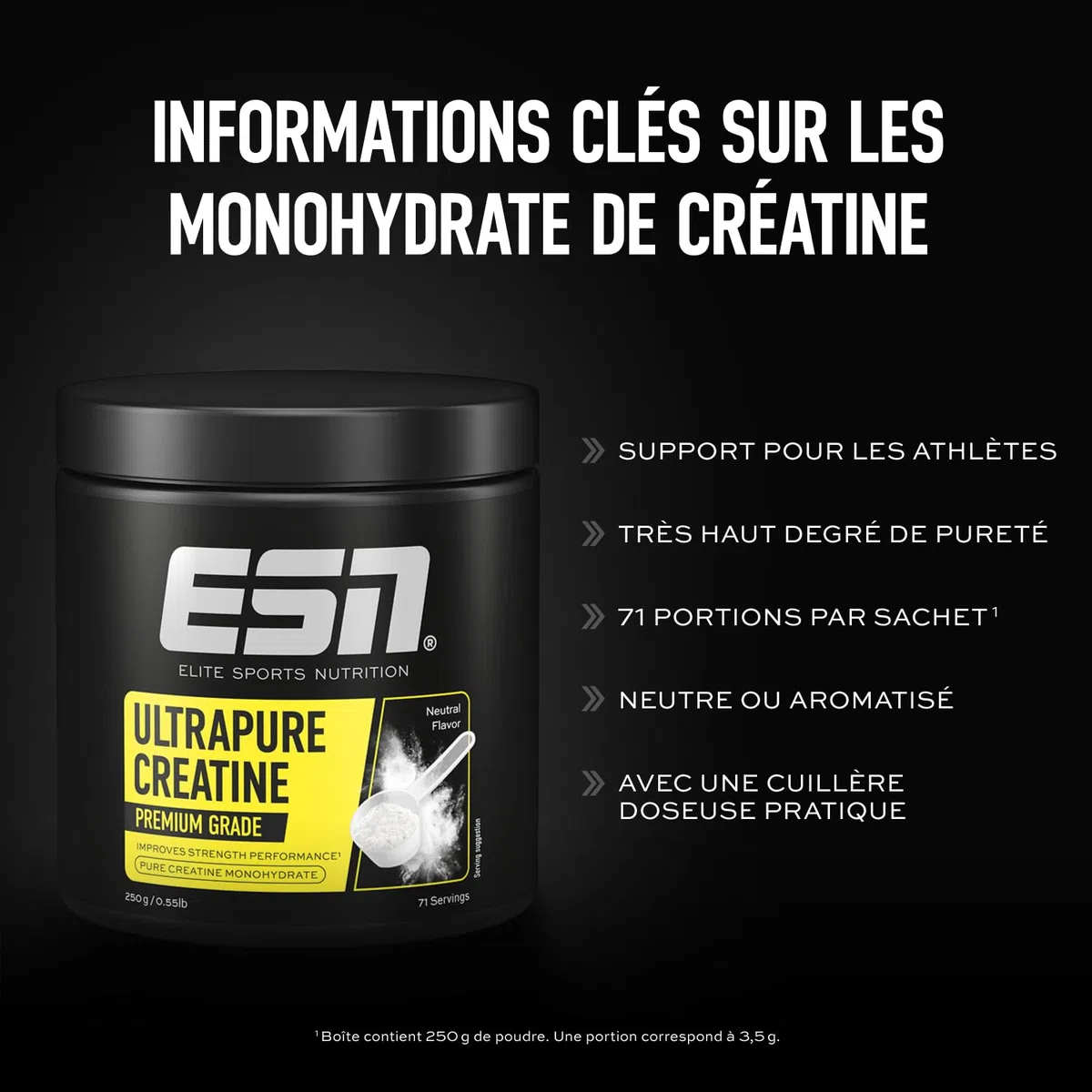 ESN Créatine monohydrate ultra pure, 250 g, 71 portions, neutre, créatine en poudre, microfine, solubilité optimale, végétalienne - fabriquée en Allemagne