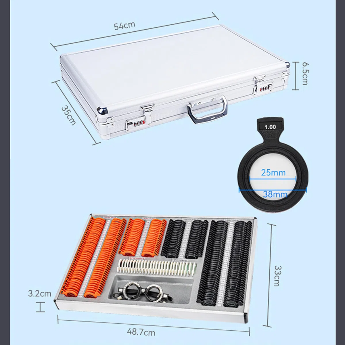 Coffret de 266 lentilles d'essai optiques en aluminium - Kit d'optométrie idéal avec accessoires gratuits pour les optométristes - Lentilles ophtalmiques à monture plastique - Monture d'essai inclus