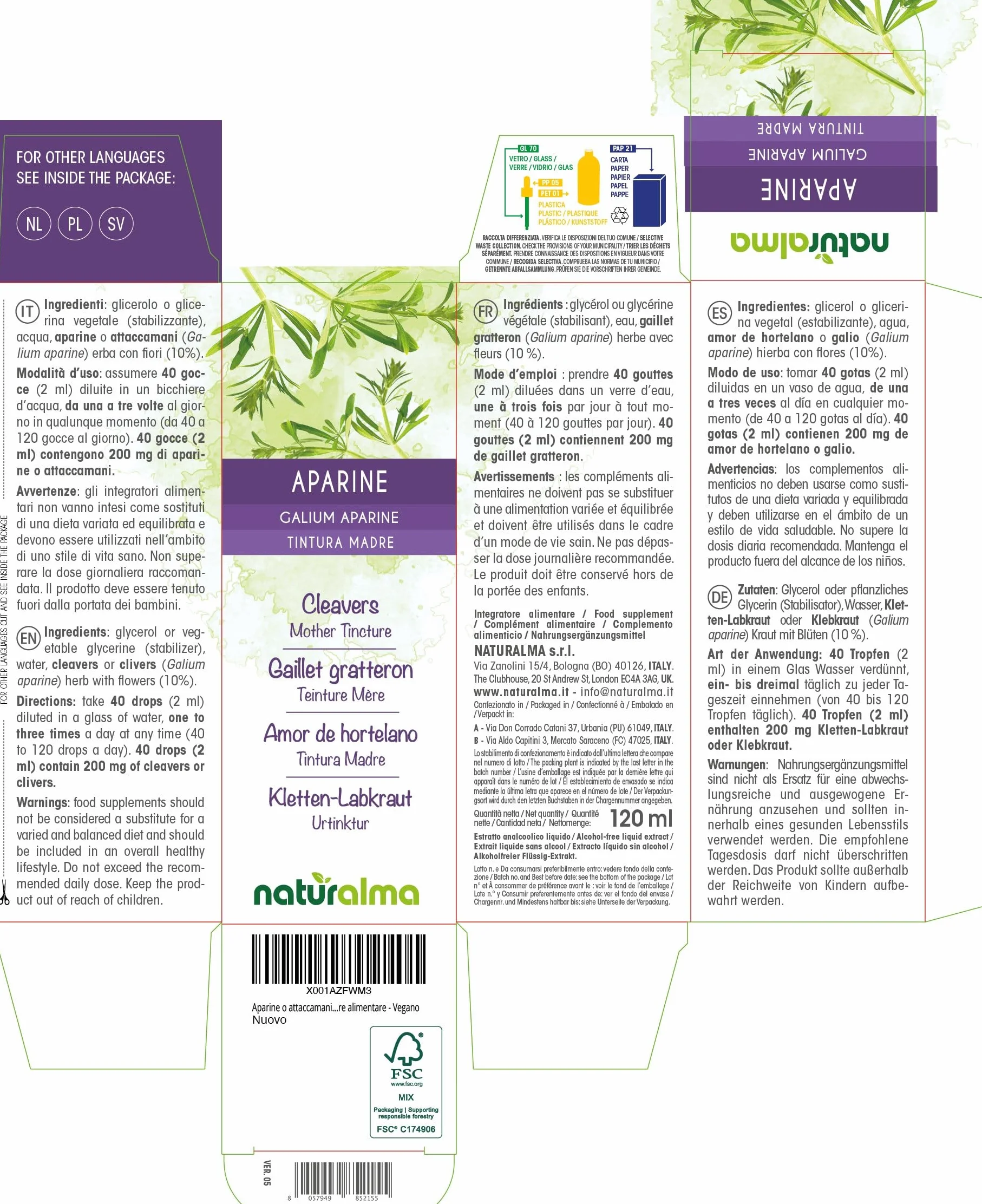 Gaillet gratteron (Galium aparine) herbe avec fleurs Teinture Mère sans alcool Naturalma - Extrait liquide gouttes 120 ml - Complément alimentaire - Végétalien ou végan