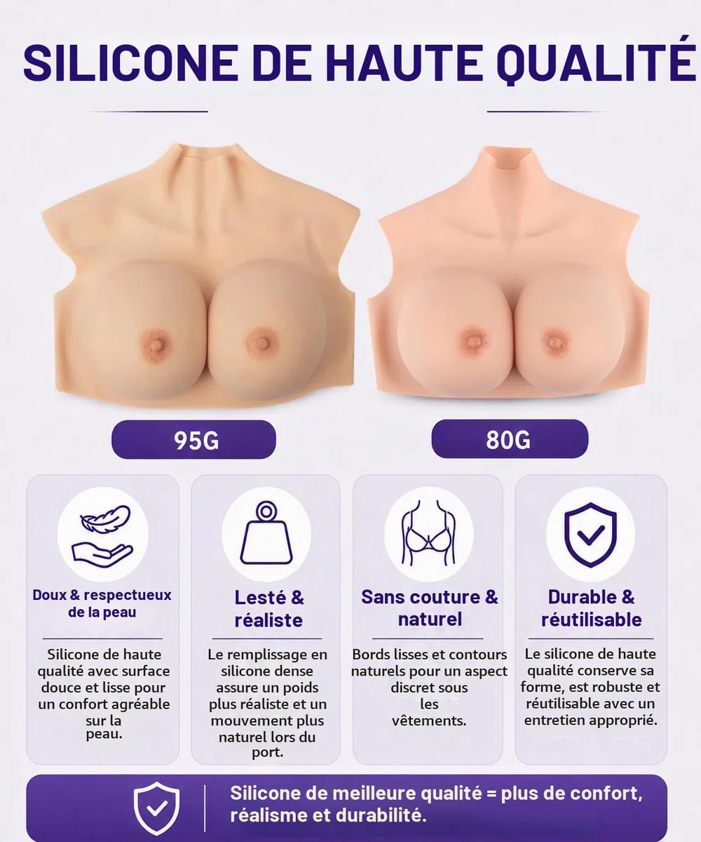 Faux seins en silicone, Seins silicone pour crossdressers, Réalistes et doux