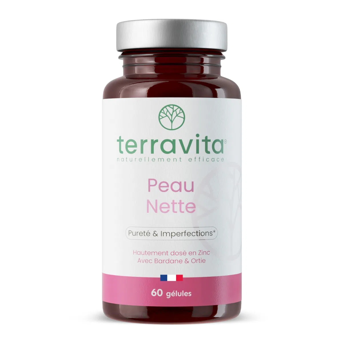 PEAU NETTE | Action Détox Anti Acné & Points Noirs | Zinc Bisglycinate 15mg + Bardane + Biotine + Propolis | Régule la Production de Sébum | Anti-imperfections | 60 Gélules Made in France | Terravita