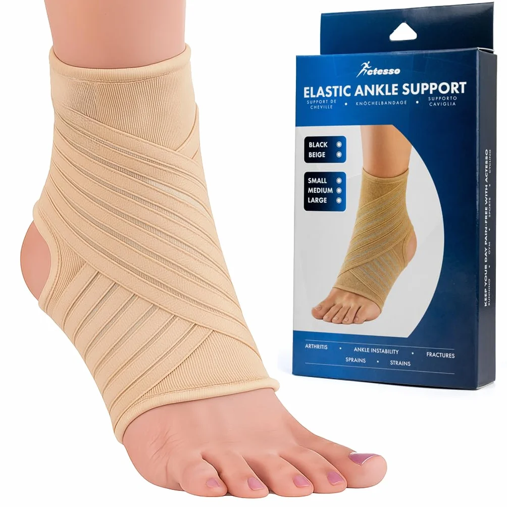Actesso Chevillère Entorse et Maintien – Attelle Cheville avec Sangle pour Soulagement, Blessures, Prévention et Sport | Protège Cheville pour Homme et Femme | Pied Droit ou Gauche (Beige, M)