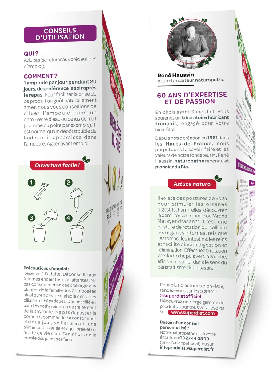 SUPERDIET – QUATUOR BIEN-ÊTRE DU FOIE BIO – Radis Noir Artichaut Chardon Marie Romarin – Fabrication française – 20 ampoules de 10 ml