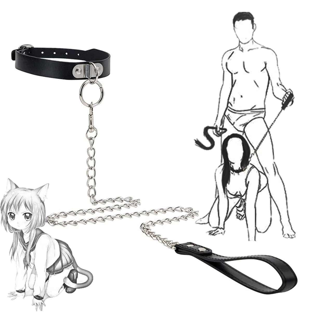Collier À Virole En Chaîne En Cuir Noir Avec Laisse Amovible En Acier Inoxydable - K9